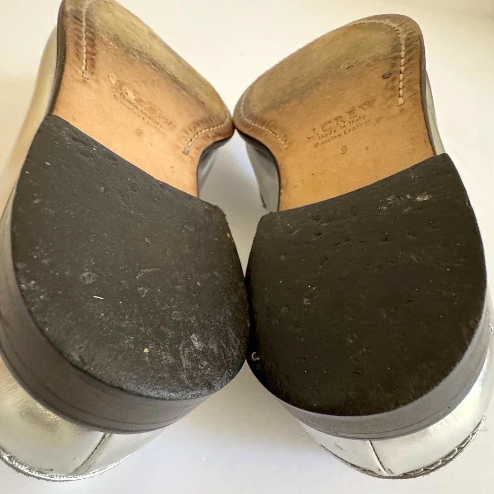 J.Crew Penny Loafers Size 9 Silver Metallic Leather Made in Italy Dark Academia